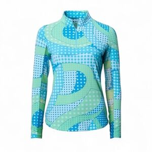 IBKUL Larisa Mockneck Blue and Green Long Sleeve Women's Cooling Top Size:M